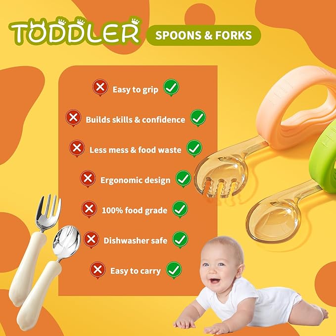 Toddler Forks and Spoons Set,Baby Utensils 12-18 Months with Silicone Easy-Grip Handle & Travel Case,BPA-Free Toddler Utensils 1 Year Old,Kids Utensils,Dishwasher Safe,Orange+Green