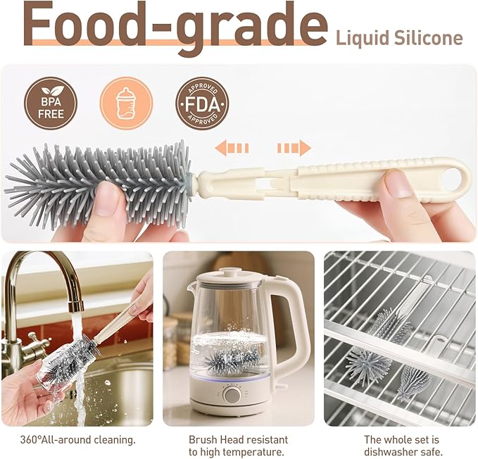 Baby Bottle Brush Set, 6-in-1 Travel Bottle Cleaning Kit with Silicone Bottle Brush, Nipple & Straw Brush, Soap Dispenser, Drying Rack, Storage Box ??Compact Travel Baby Essential for Home & On-The-Go