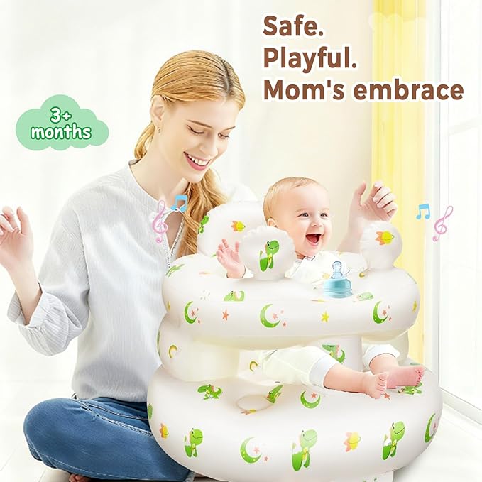Inflatable Baby Seat for Babies 3-36 Monthsï¼?Squeaky Sound & Anti-Fall Design] Inflatable Chair with Sound-Making Ears, Baby Seat for Sitting-Up Practice, Built-in Air Pump (Ear Dinosaur)
