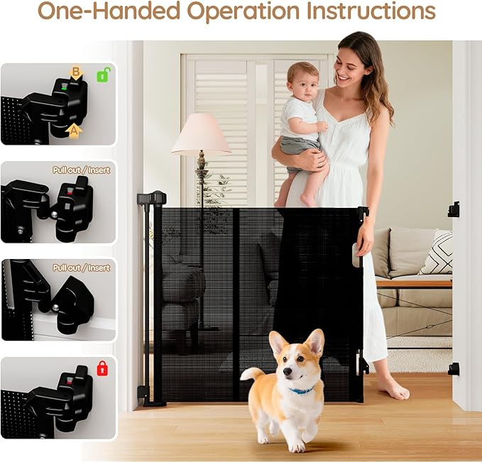 Miumoon One-Hand Operation Retractable Baby Gates, 59 inch Retractable Gate with Reinforced Strip Design to Prevent Crawling Through, 5 FT Retractable Dog Gate for Stairs, Doorways, Hallways
