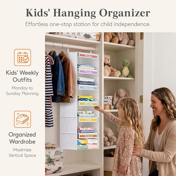 Lifewit 6 Shelf Weekly Clothes 0rganizer for Kids, Baby Hanging Closet Storage with Color Labels for School Outfits, Todder Daily Clothing Divider with Days of The Week Monday to Friday Weekend, White