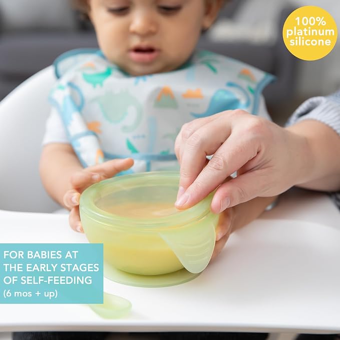 Bumkins - Jelly Silicone Bowl, Lid, Spoon, Training Chewtensils - For Ages 4 Months+ - Suction Base - 100% Food-Safe Silicone - Oven, Microwave, & Dishwasher Safe - Jelly Green