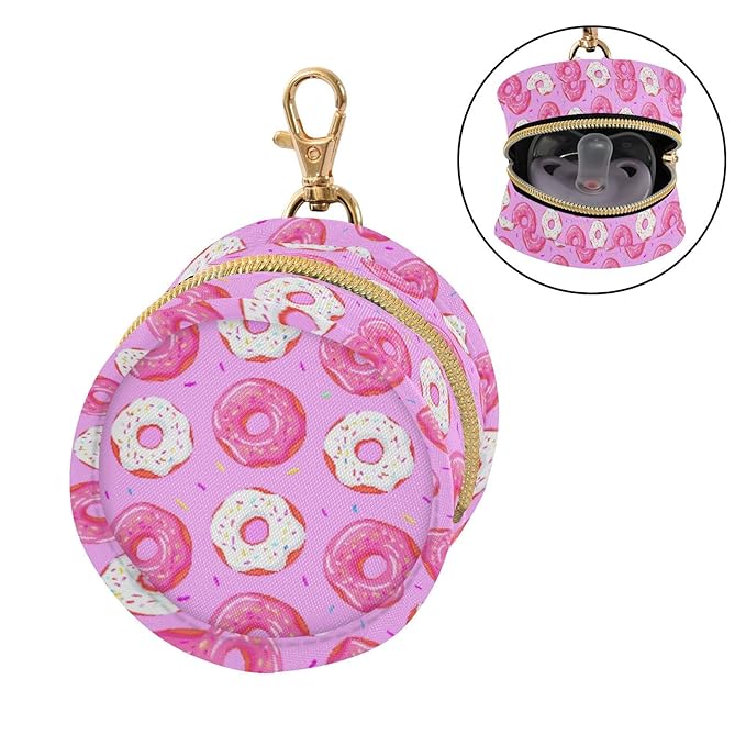 Baby Pacifier Case with Clip, Donuts Pink Portable Pacifier Holder, TPU Lined Dust-Proof Storage Pouch for Diaper Bag and Stroller