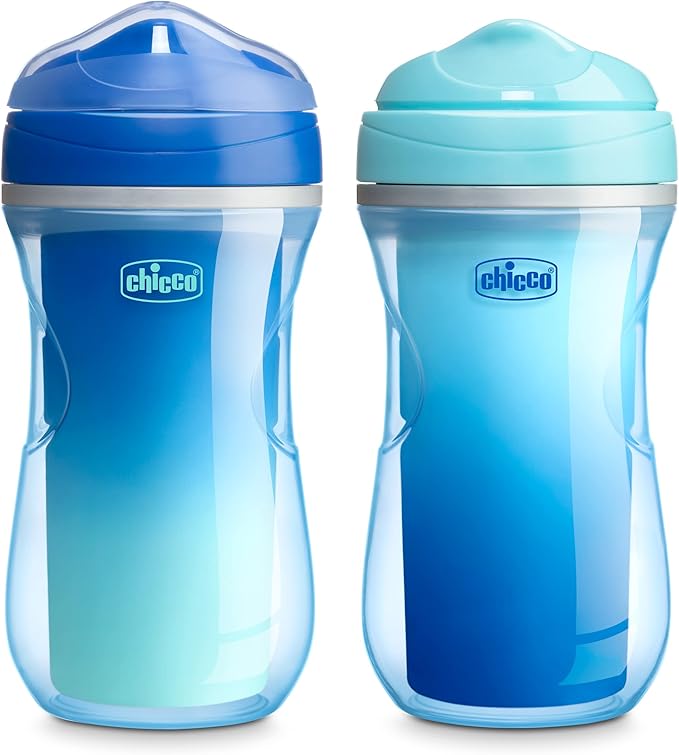 Chicco Double-Wall Insulated Sippy Cup with Bite-Proof Rim Spout and Spill-Free Lid 9oz. | Top-Rack Dishwasher Safe | Easy to Hold Ergonomic Indents | Blue/Teal Ombre, 2pk | 12+ months