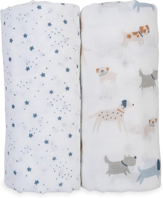 Lulujo Baby Swaddle Blankets | Unisex Softest Breathable Cotton Muslin Swaddle Blanket Set | Neutral Receiving Blanket for Girls & Boys | 40in x 40in | Puppy Dog & Stars | 2-Count