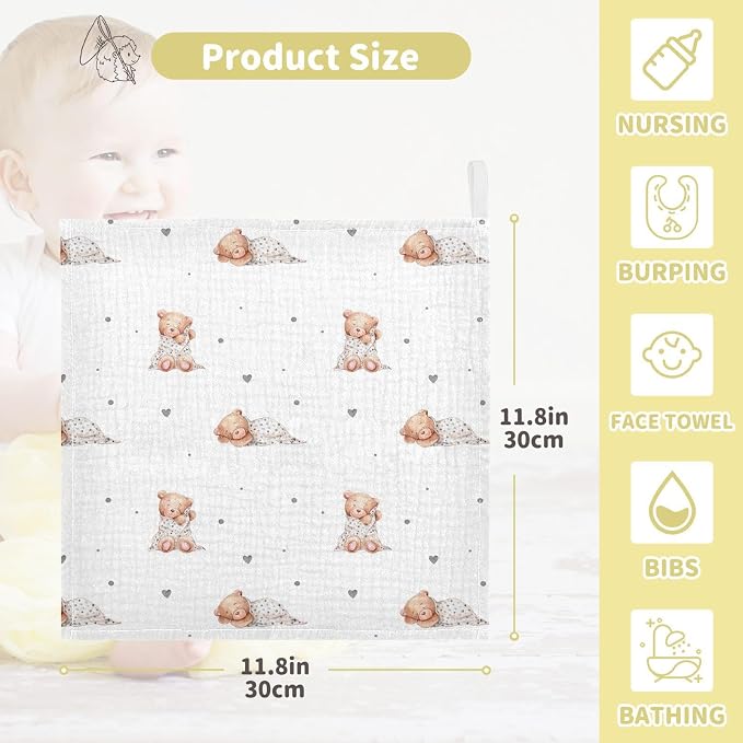 vvfelixl Baby Washcloths Cotton Cute Sleeping Teddy Bears Baby Muslin Washcloths Soft Baby Face Towel for Newborn Infants Baby Wipes, 11.8 X 11.8 inch, one sizex3