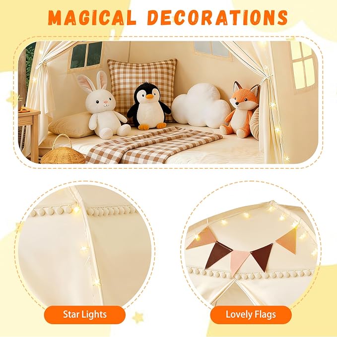 Large Teepee Tent for Kids: with Star Lights & Flags - 3-Window Cone Ball Playhouse for Indoor & Outdoor - Portable & Foldable Gift for Boys & Girls - Cream, 59.1"x39.4"x59.1"