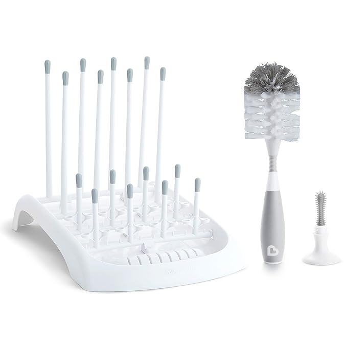 Munchkin Fold Baby Bottle Drying Rack and Bristle Bottle Brush Cleaning Essentials Set, White/Grey