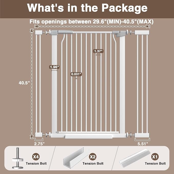 41" Extra Tall Baby Gate for Doorways and Stairs No Drill, Adjustable 29.9-40.9'' Auto Close Dog Gate Indoor, Pressure Mounted Walk Through Swing Wide Pet Gate, Tall Cat Gate with Expansion Kit, White