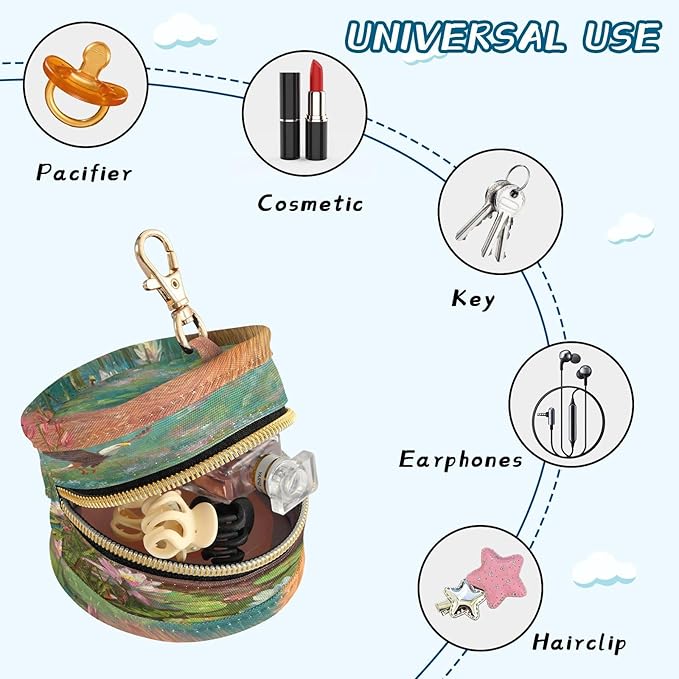Pacifier Holder with Clip Pacifier Case for Diaper Bag Round Baby Pacifier Pouch Box Bag Portable Capybara Lily Flowers and Flying Eagles