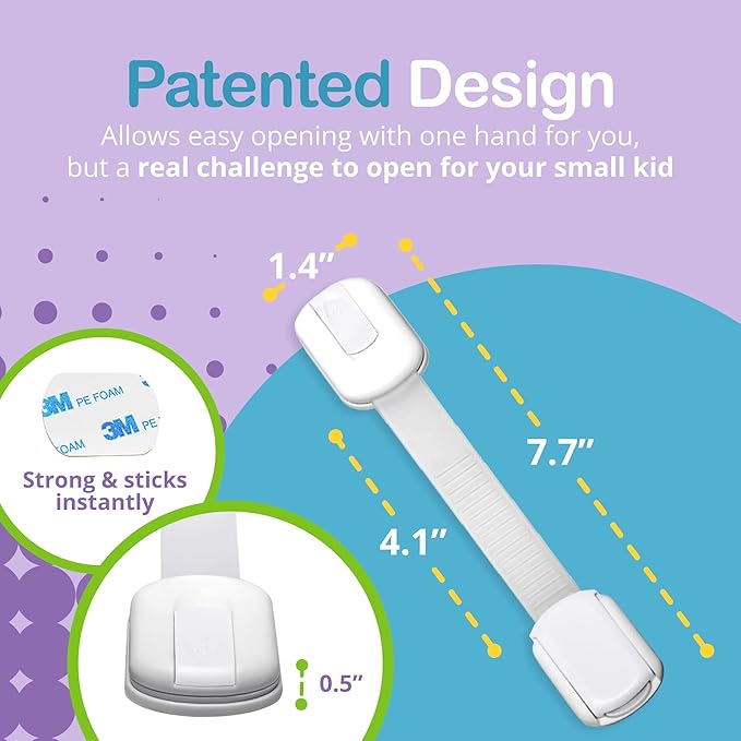 Adjustable & Reusable Child Safety Cabinet Locks & Latches, Baby Proofing Door Window, Cabinet, Toilet, & Refrigerator Lock, Child Safety Strap Locks with Adhesive Pads, Pack of 6, White - Wonderkid