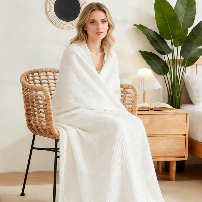 EMME Cotton Muslin Throw Blanket for Couch Breathable Gauze Soft Lightweight Blankets for Adults (50"x60")