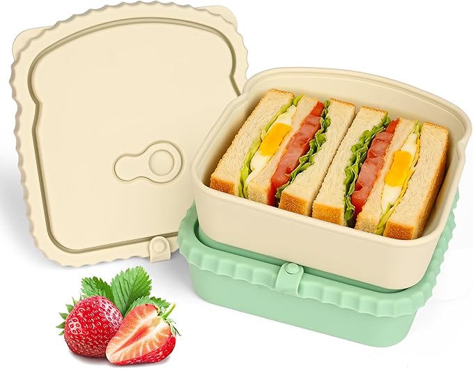 2 Pack Silicone Sandwich Container with Leakproof Lids, 15oz Reusable Lunch Box, BPA-Free Silicone Snack Box, Reusable Toast Container for Sandwiches, Snacks, Office, Travel (White+Green)