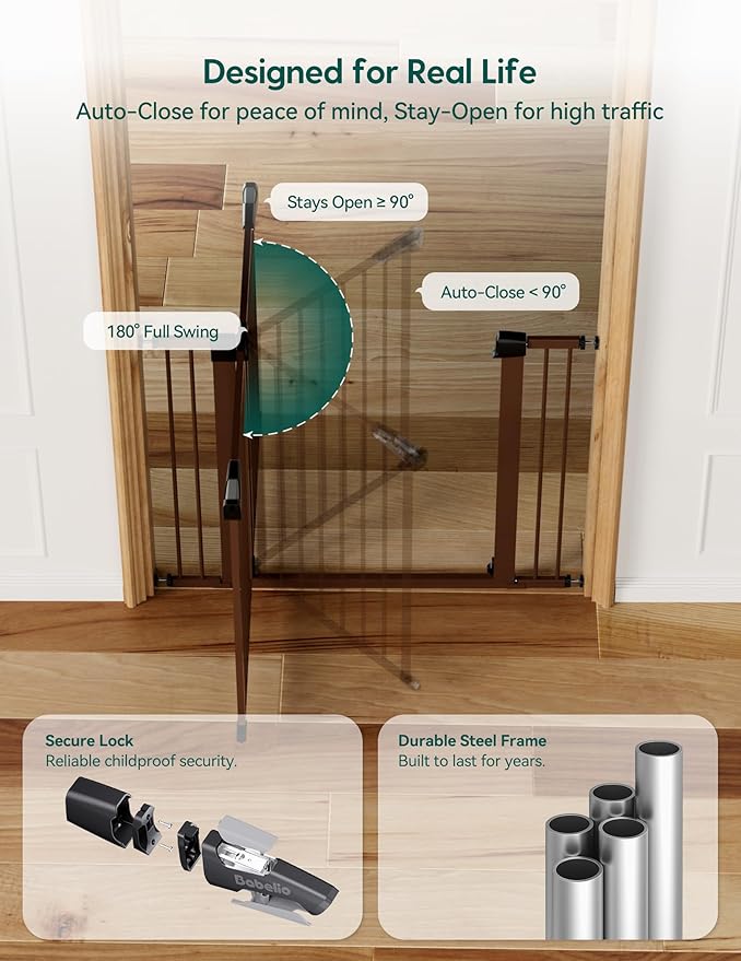 Babelio Baby Gate for Doorways and Stairs, 26-40" Auto Close Dog Gate, PressGuard C5, Easy-Install Pressure Mounted Satey Door, No Drilling Safety Gate for Child and Pets, Brown