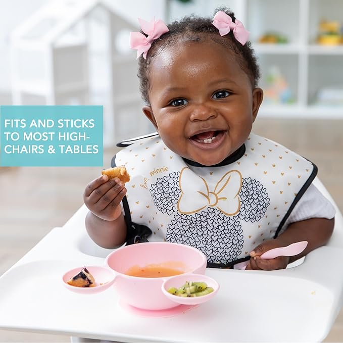 Bumkins Disney Baby Bowl, Silicone Feeding Set with Suction for Baby and Toddler, Includes Spoon and Lid, Essentials for Baby Led Weaning,for Babies 4 Months, Minnie Mouse Light Pink