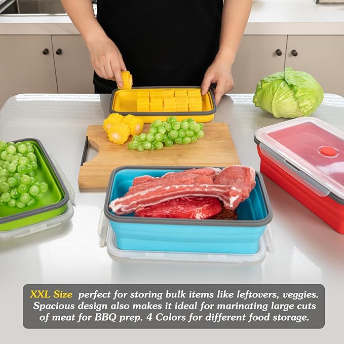Extra Large Collapsible Food Storage Containers with Lid & Air Vent, 81 oz, 4 Pack, XXL Collapsible Marinade Container BBQ Prep Foldable Silicone Containers, Microwave Freezer Dishwasher Safe