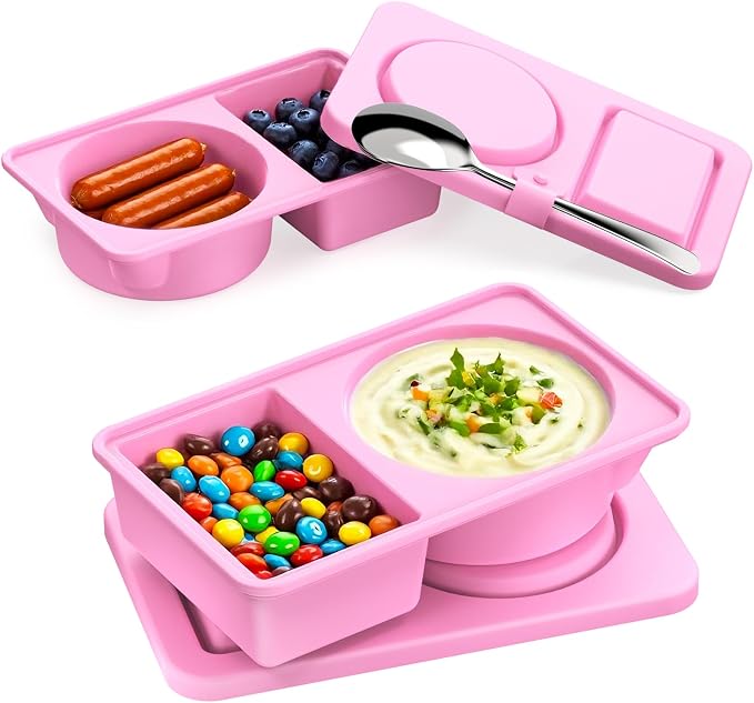 Reusable Snack Containers with Lids Silicone, 2 Pack Double Compartment Snackle Box Container for Lunches Picnics Parties, BPA-Free, Microwave Safe（Pink）