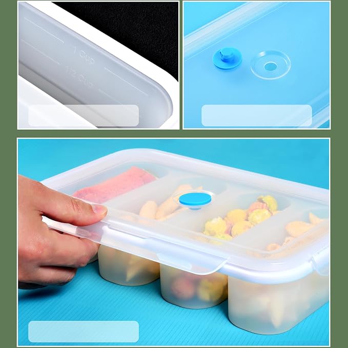 Divided Snack Serving Tray with Lid, Silicone Food Storage Box, Portable Snack Container with 4 Compartments, Microwave & Dishwasher Safe, White, Divided Bento Snack Box for Work, Travel or Picnics