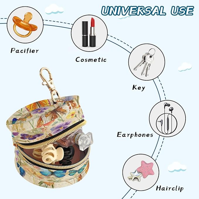 Pacifier Holder with Clip Pacifier Case for Diaper Bag Round Baby Pacifier Pouch Box Bag Portable Cottagecore Beige Butterflies Flowers