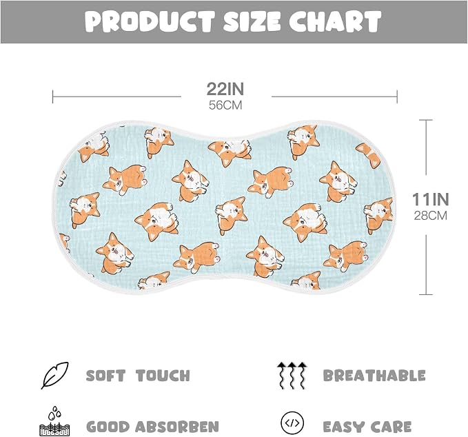 Muslin Baby Burp Cloths Set of 1, Soft Cute Corgi Dog Absorbent Muslin Washcloths, Bibs, Face Towel for Newborn Boys Girls, 22 x 11 Inch