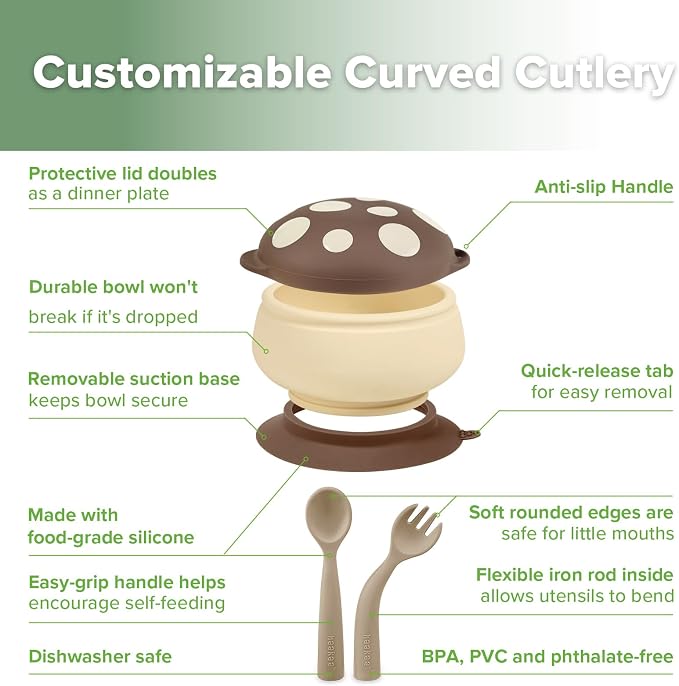 haakaa Silicone Mushroom Bowl & Bendy Cutlery Set – Baby Bowls with Suction & Spillproof Lid, Baby Spoons & Forks for Self Feeding, BPA-Free - Walnut