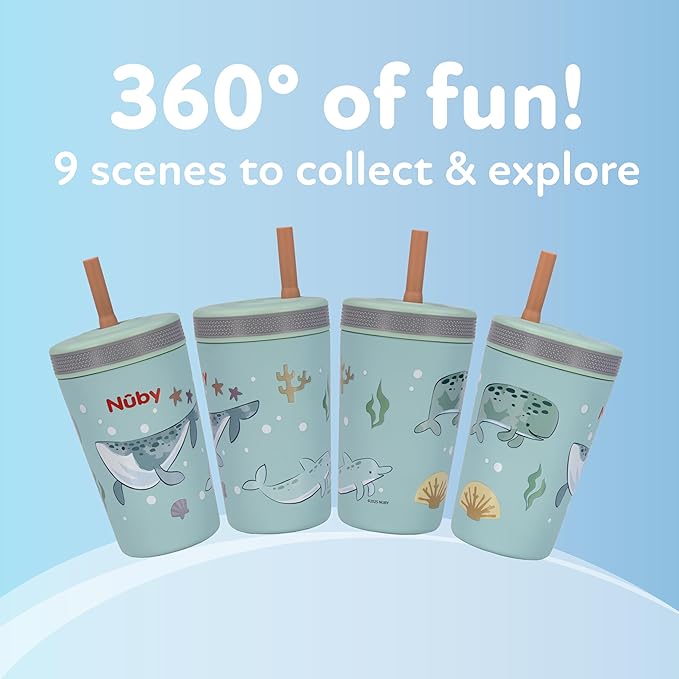 Nuby Thirsty Kids Insulated Toddler Cup with Silicone Flexstraw - 12 oz - Stainless Steel and Leak-Resistant - 18+ Months - Ocean