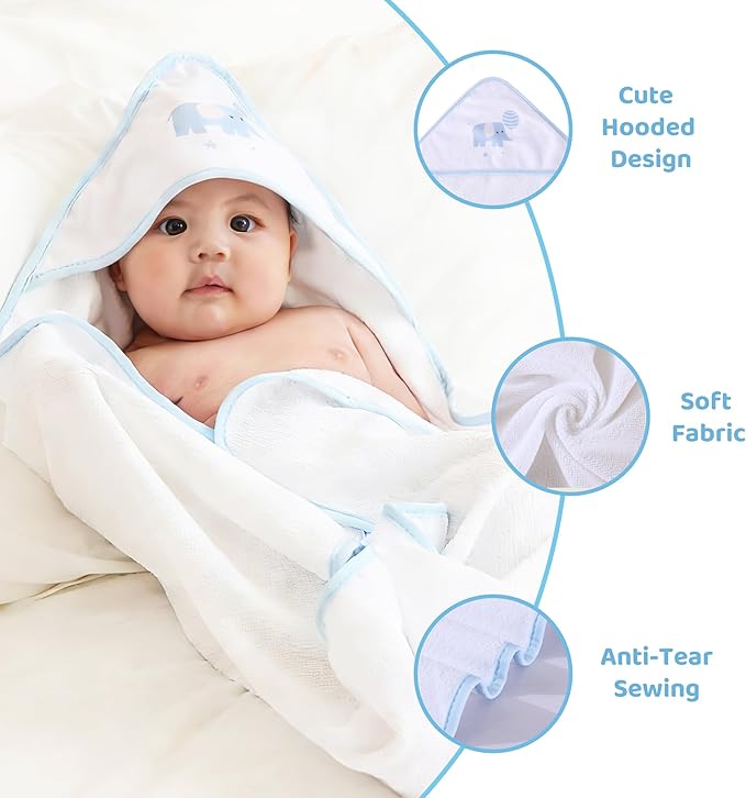 Mooreeke Baby Towel with Hood for Boys Blue Elephant Bath Towel for Babies Ultra Soft Absorbent 3 PCS Baby Towels and 3 PCS Washcloths for Newborn Essentials