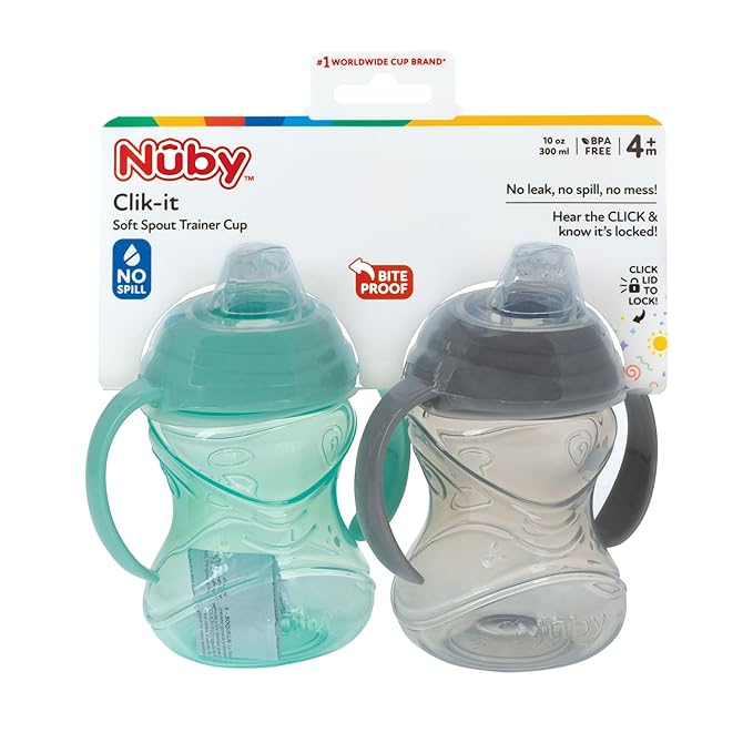 Nuby Clik-It No-Spill Soft Spout Training Sippy Cup with Handles - 10 Oz - 4+ Months - Neutral, (Pack of 24)