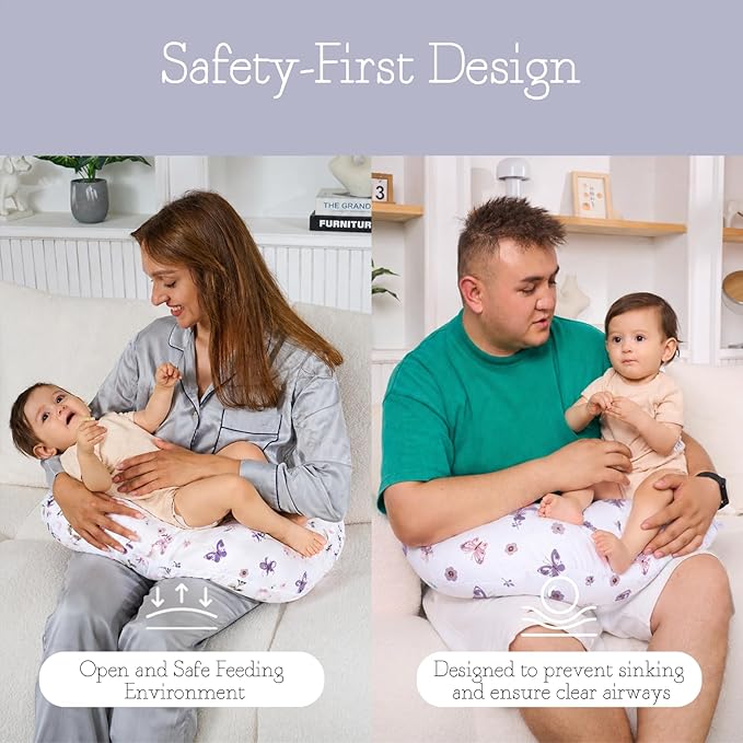 Little Grape Land Muslin Nursing Pillow, Soft 100% Cotton Breastfeeding Pillow with Breathable Removable Cover, Purple Butterfly Breast Feeding Pillows for Babies 0-12 Months with Protective Zipper