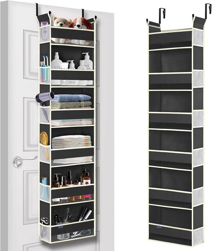 Over The Door Hanging Organizer 6-Shelves and 12 Side Pockets, Over The Door Storage Organizer, Back of Door Organizers for Baby Accessories and Children's Toys (13"x5"x54", Black)