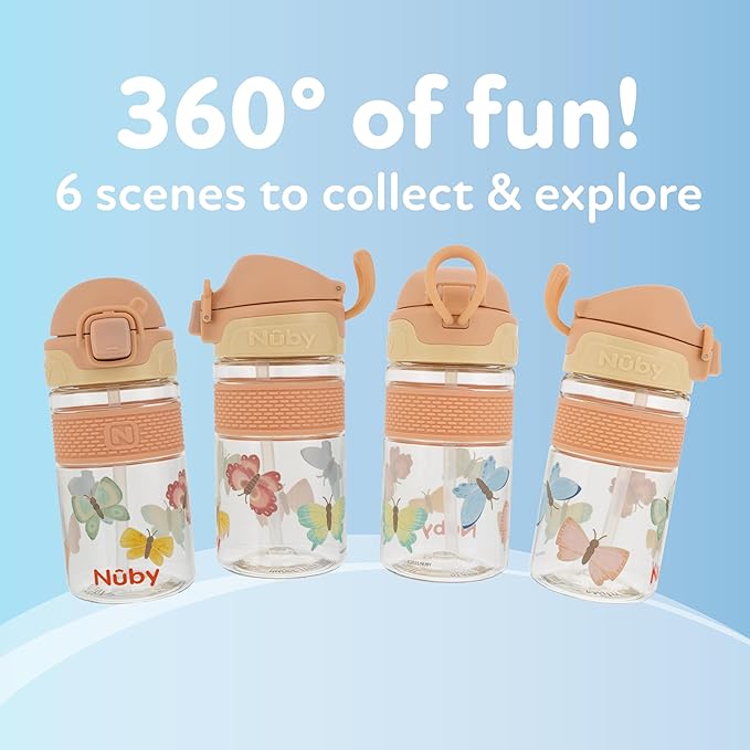 Nuby Thirsty Kids Flip-It Bolt Toddler Cup with Push-Button Locking Flip-Top and Silicone Spout - 12 oz - Easy-Grip and Spill-Resistant - 18+ Months - Butterflies