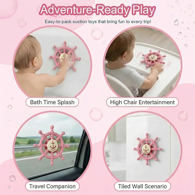 Baby Suction Spinner Toys for Bathtub, Silicone Pink Toddler Bath & High Chair Toys for 1 Year Old Boy/Girl Birthday Gift, Interactive Ship Steering Wheel InfantToy for Car Window Travel