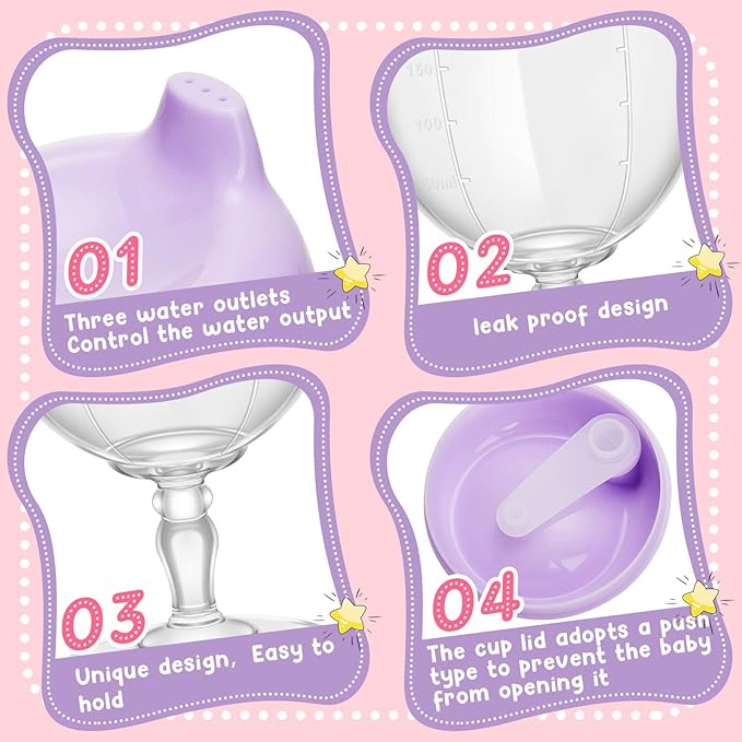 Irenare 2 Pcs Baby Wine Sippy Cup Plastic Goblet Cup No Spill Wine Glass Baby Sippy Goblet Glass Beverage Mug Milk Bottle with Lid for Kids (Pink, Purple)