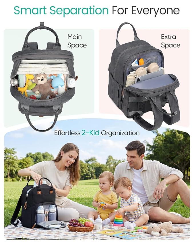 Qualyphant Extra Large Diaper Bag Backpack for Two Kids Twins - Expandable Baby Bag (26-36L), Dual Big Compartments - Includes Changing Pad & Stroller Straps, Unisex Dark Grey