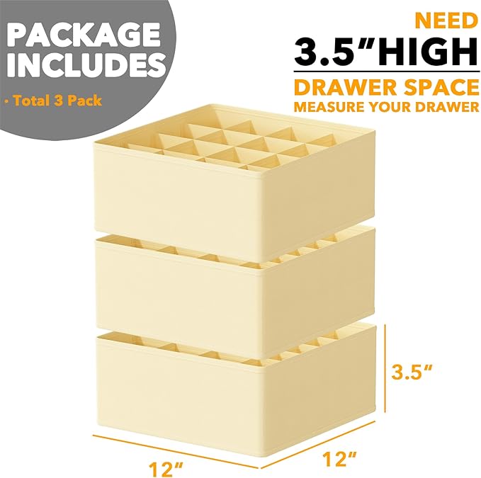 SpaceAid Sock Drawer Organizer Divider 3 Pack, 64 Cell Dresser Closet Nursery Underwear Organizers Storage Bins for Organizing Socks Underwear Ties Belts (Beige)