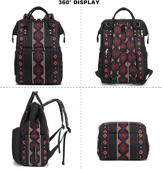 Boho Diaper Bag Backpack for Mom Dad, Multifunctional Bohemia Baby Nappy Backpack with Stroller Straps Insulated Pockets (Black)