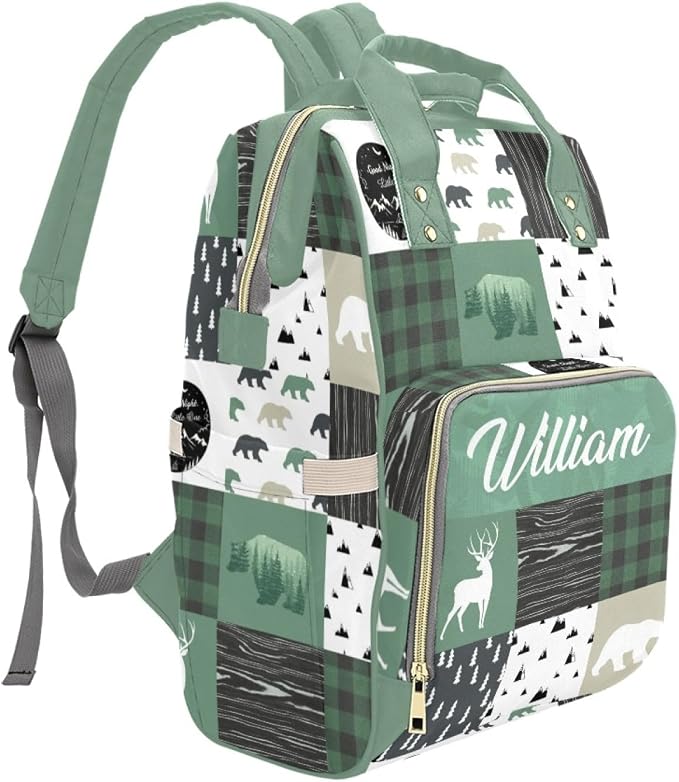 Custom Woodland Deer Bear Baby Diaper Bag with Name – Personalized Nursing Travel Tote Backpack for Mom or Dad, Custom Name Baby Daypack Gift