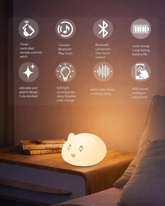 Capybara Night Light for Kids, Cute Animal Silicone Touch Lamp with Bluetooth Speaker, APP Control RGB Color Changing, Timer & Alarm Clock, Rechargeable Nursery Nightlight for Baby Girls Boys Bedroom
