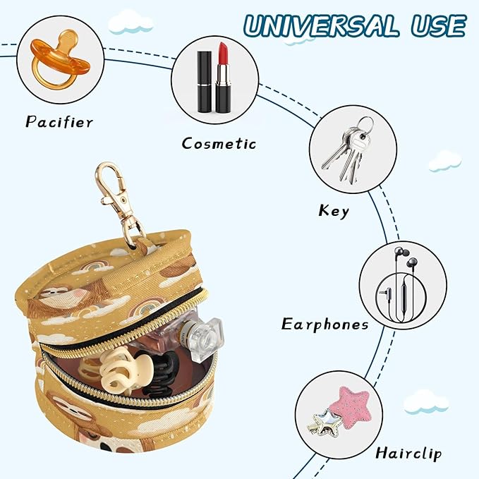 Pacifier Holder with Clip Pacifier Case for Diaper Bag Round Baby Pacifier Pouch Box Bag Portable Sloth Rainbow Cloud Moon