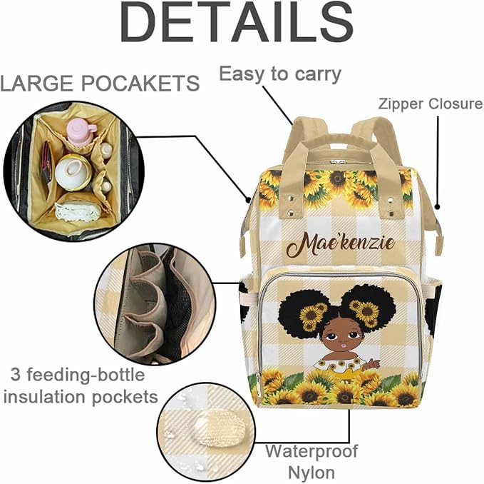 Personalized Name Diaper Bag for Women, Customized Sunflowers Casual Nursing Mommy Daypack, Yellow Checks Nursing Backpack with Large Capacity