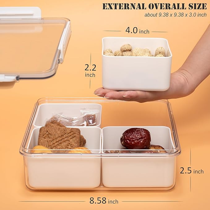 2pack Divided Serving Tray with Lid, 4 Compartment Removable Snack Boxes Fruit Food Storage Containers, Snackle Vegetable Veggie Box Plastic Organizer for Fridge (8.7x8.7x3.0, Clear and White)