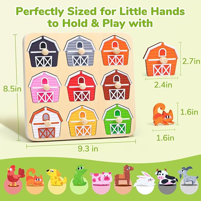 JoyCat Wooden Puzzles for Toddlers 1-3, Montessori Toys for 1 2 Year Old Boy Girl Birthday Easter Gifts, Animal Match Farm Peg Puzzles, Preschool Learning Toys for Toddlers Age 1-2