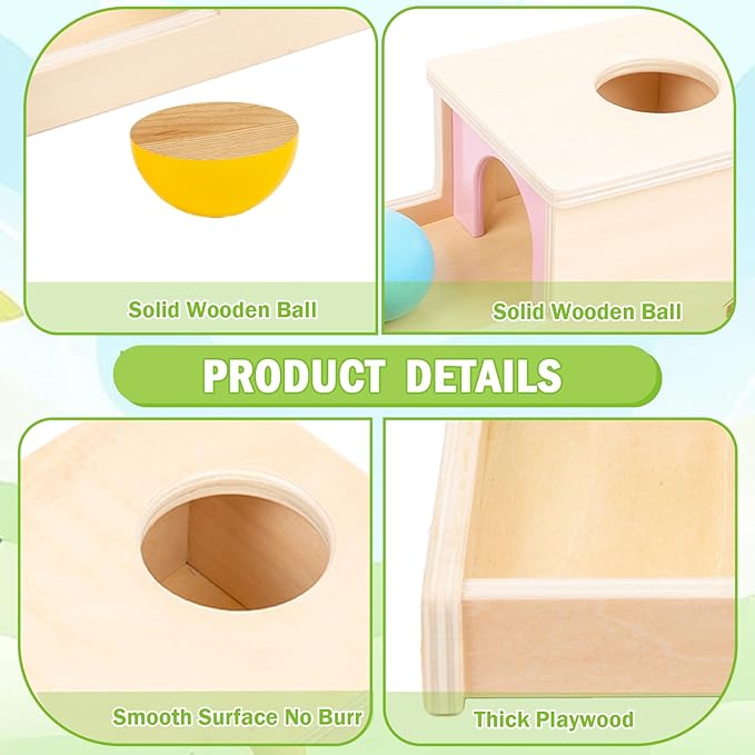 Adena Montessori Object Permanence Box with Tray Three Balls Montessori Toys for 6-12 Months Baby 1 Year Old Infant Toddler Wooden Pink Door for Girl