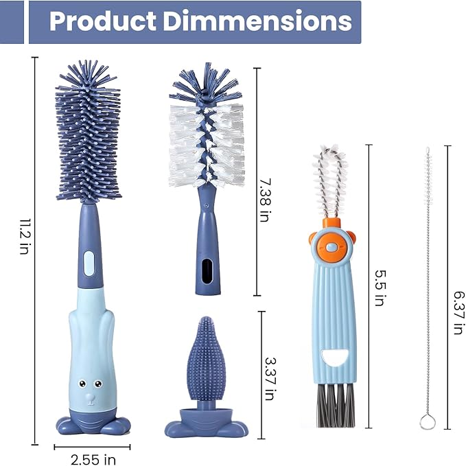 Ariseno 5-in-1 Baby Bottle Brush Set, Bottle Brush for Baby, Baby Bottle Scrubber, Including Silicone & Nylon Bottle Brush, Bottle Cap Brush, Straw Brush, Nipple Brush, BPA-Free (Blue)