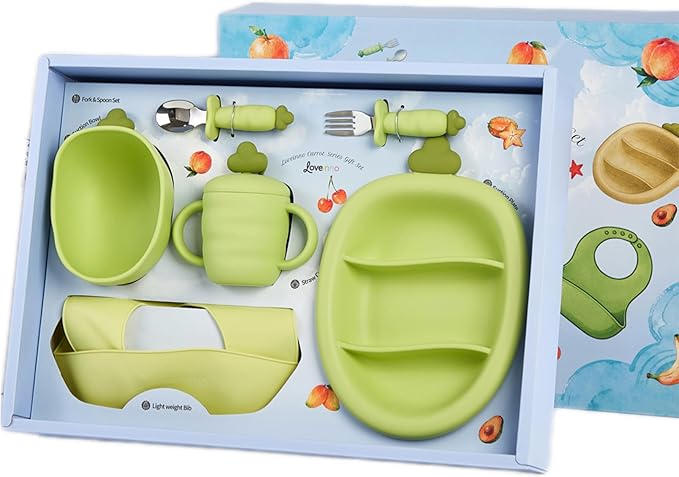 Silicone Baby Feeding Gift Set ??Suction Plate, Bowl, Training Cup, Fork, Spoon & Bib (6-Piece) (Green)
