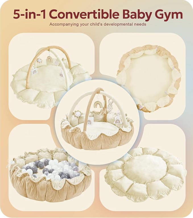 5-in-1 Thick & Plush Baby Play Gym, Baby Play Mats for Floor, Tummy Time Mat with 6 Toys, Convertible Stage-Based Developmental from Babies to Toddlers, Ball Pit, Cream