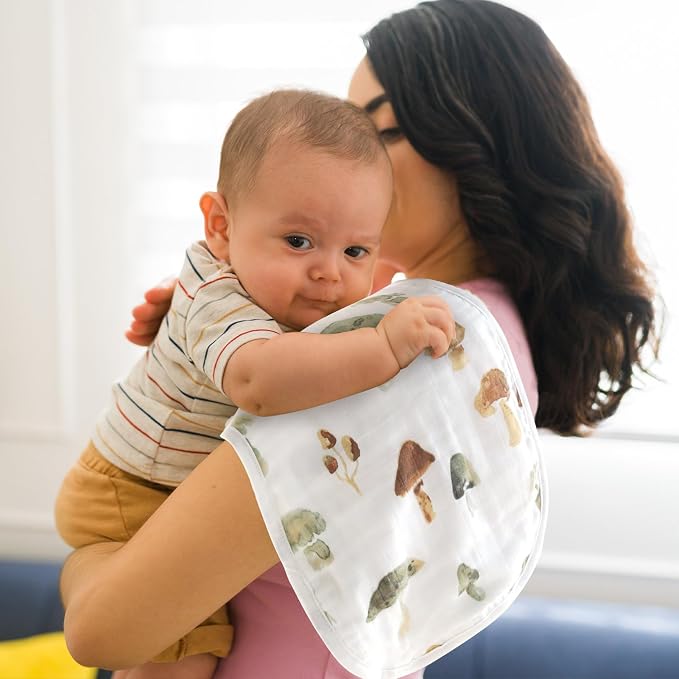 LifeTree Muslin Baby Burp Cloths - 2 Pack 70% Viscose from Bamboo and 30% Cotton Large 22'' by 10.6'' Absorbent Milk Spit Up Rags - Burping Cloths for Newborn, Girls Boys, Mushroom and Green Checkered