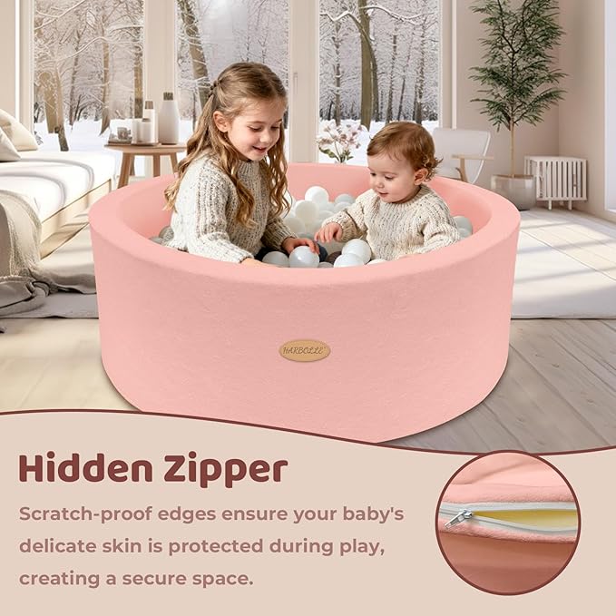 HARBOLLE 35.4" Soft Fleece Ball Pit & Playpen for Toddlers & Babies, Indoor/Outdoor Kids Foam Play Center, for Boys & Girls, Pink