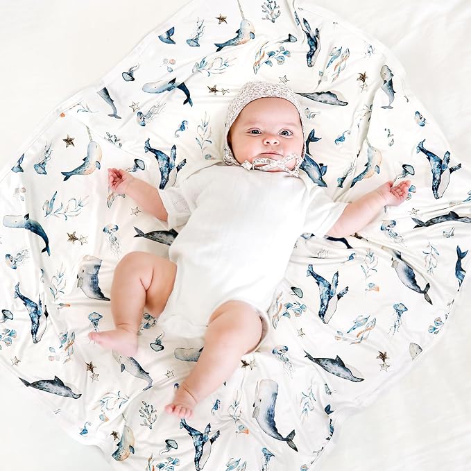 GRSSDER Baby Blankets Super Soft Jersey Knit Swaddle Blanket for Baby Girls and Boys, Double Layer Receiving Blankets 34 x 44 Inches, Extra Large for Baby Swaddling, Sea Fish