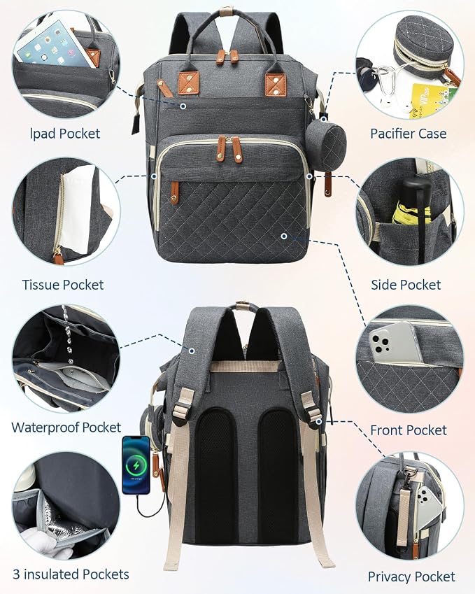 Diaper Bag Backpack with Changing Pad – Large Capacity, 16 Pockets, USB Port, Waterproof Travel Backpack for Mom & Dad – Bonus Pacifier Case - Gray